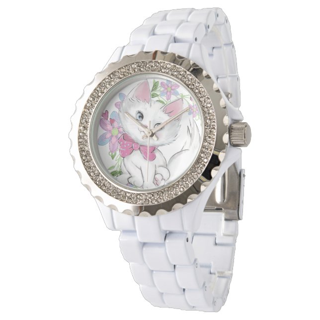 Cute Girly Kitten met bloemen Horloge (Gekanteld)