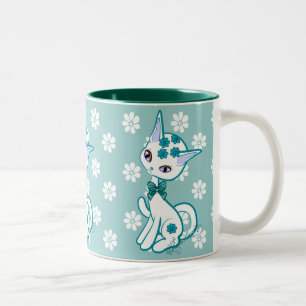Cute Girly Kitty Cat Aqua Blue Tweekleurige Koffiemok