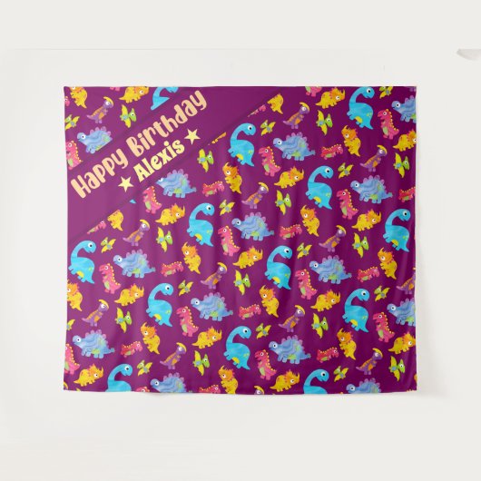 Cute Girly Kleurrijk Paarse Dinosaurus Thema Verja Wandkleed (Voorkant (horizontaal))