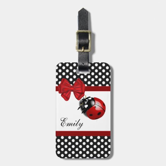 Cute girly ladybug polka dots monogram bagagelabel (Voorkant verticaal)