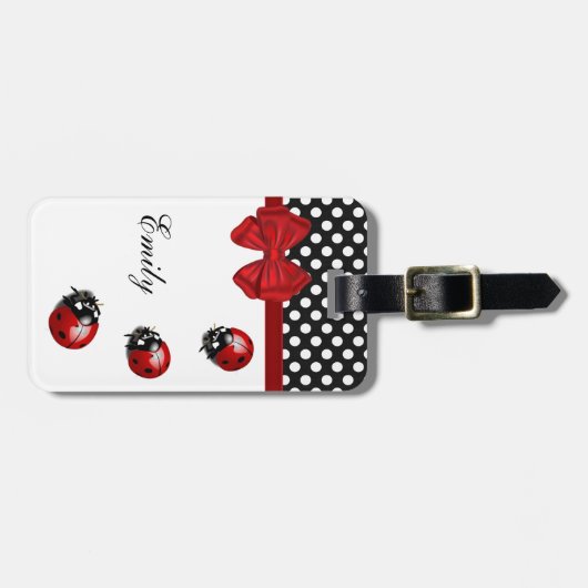 Cute girly ladybugs polka dots monogram bagagelabel (Voorkant horizontaal)