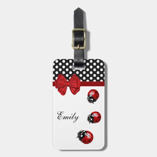 Cute girly ladybugs polka dots monogram bagagelabel (Voorkant verticaal)