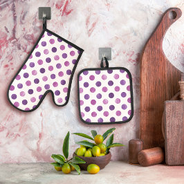 Cute Girly Modern Elegant Polka Dots White Paars Ovenwant & Pannenlap Set