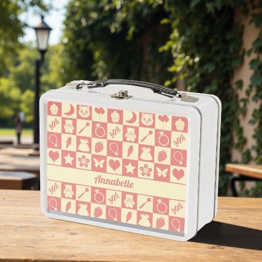 Cute Girly Modern Pink Checkered Icons Pattern