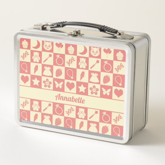 Cute Girly Modern Pink Checkered Icons Pattern (Voorkant)