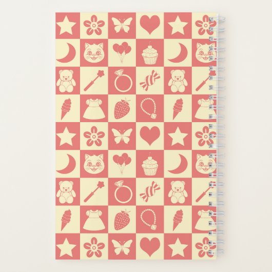Cute Girly Modern Pink Checkered Icons Pattern Notitieboek (Achterkant)