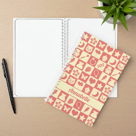 Cute Girly Modern Pink Checkered Icons Pattern Notitieboek