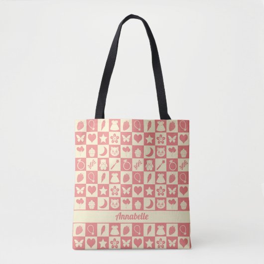 Cute Girly Modern Pink Checkered Icons Pattern Tote Bag (Voorkant)