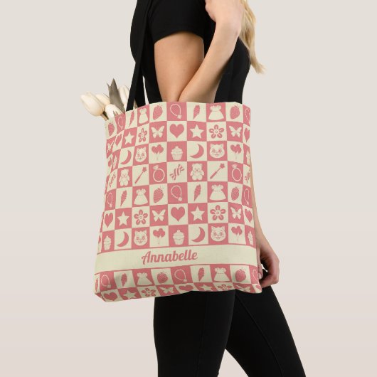 Cute Girly Modern Pink Checkered Icons Pattern Tote Bag (Dichtbij)