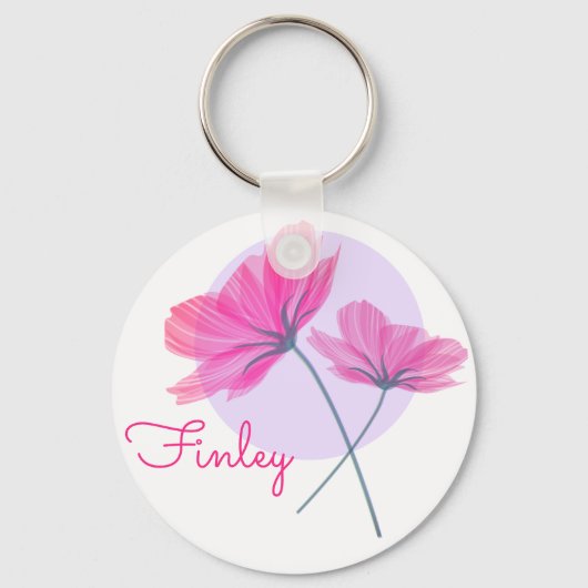 Cute & Girly Modern Pink Flowers Chic Custom Name Sleutelhanger (Voorkant)