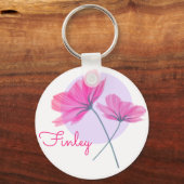 Cute & Girly Modern Pink Flowers Chic Custom Name Sleutelhanger (Voorkant)
