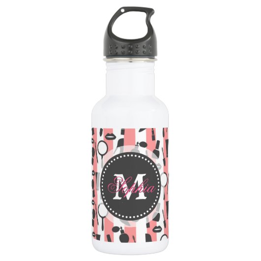 Cute girly monogram cosmetica strepen patroon waterfles  (Voorkant)