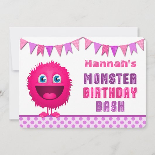 Cute Girly Monster Birthday Bash Kaart (Voorkant)