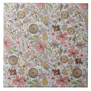 Cute Girly Old Roos Pink Floral Doodles Design Tegeltje