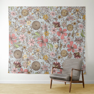 Cute Girly Old Roos Pink Floral Doodles Design Wandkleed