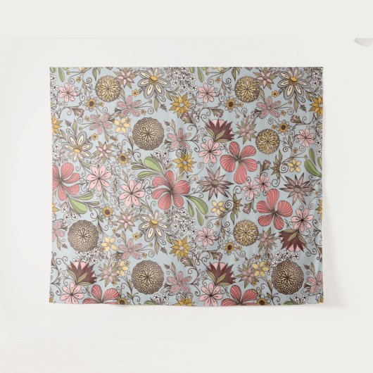 Cute Girly Old Roos Pink Floral Doodles Design Wandkleed (Voorkant (horizontaal))