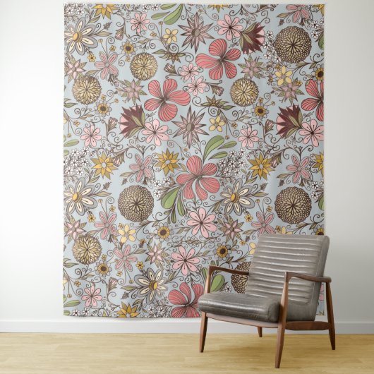 Cute Girly Old Roos Pink Floral Doodles Design Wandkleed (In situ)