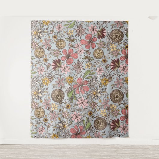 Cute Girly Old Roos Pink Floral Doodles Design Wandkleed (Voorkant)