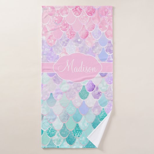 Cute Girly Ombre Mermaid Pattern Monogrammed Badhanddoek (Badhanddoek)