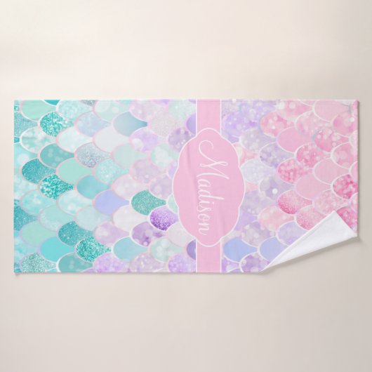 Cute Girly Ombre Mermaid Pattern Monogrammed Badhanddoek (Badhanddoek)