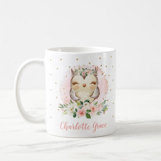 Cute Girly Owl Waterverf Blush Gold Floral Koffiemok (Links)