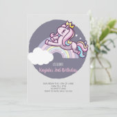 Cute Girly Paars Magical Unicorn Invitation Kaart (Staand voorkant)