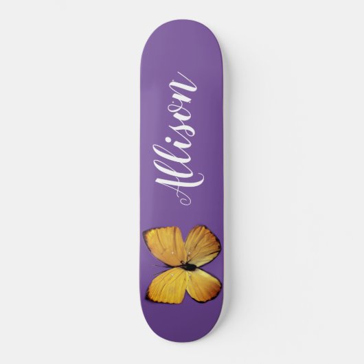 Cute Girly Paars Yellow Butterfly gepersonaliseerd Persoonlijk Skateboard (Voorkant)
