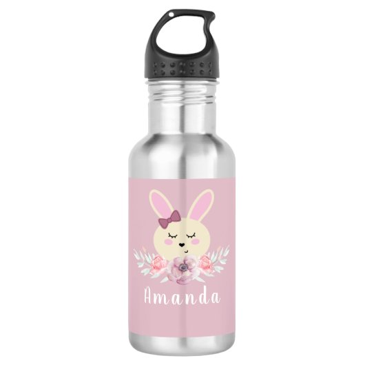 Cute Girly Paarse Bunny Rabbit Floral Kinder Waterfles (Voorkant)