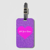 Cute Girly Paarse Glitter Pink Heart Custom Text Bagagelabel (Voorkant (verticaal))