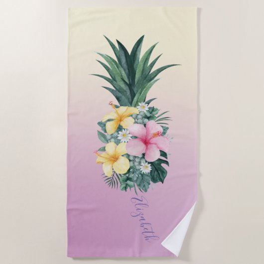 Cute Girly Pineapple Tropical Flowers , Ombre Strandlaken (Voorkant)