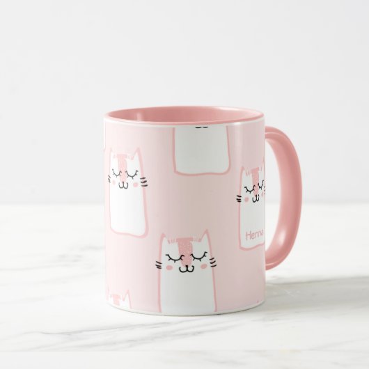 Cute Girly Pink and White Cat Pattern Personalized Mok (Voorkant rechts)