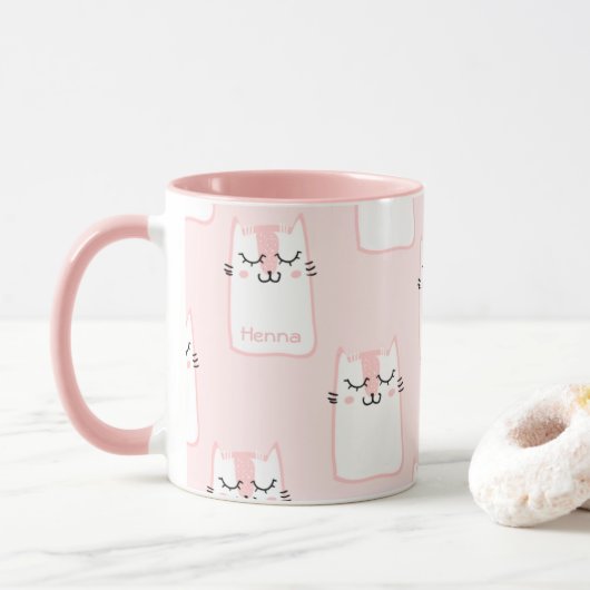 Cute Girly Pink and White Cat Pattern Personalized Mok (Met donut)