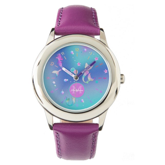 Cute Girly Pink Blauwgroen Zee Ocean Mermaids Mono Horloge (Voorkant)