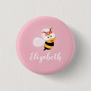 Cute Girly Pink Bloemenmeisje Honey Bee Whimsical Ronde Button 3,2 Cm