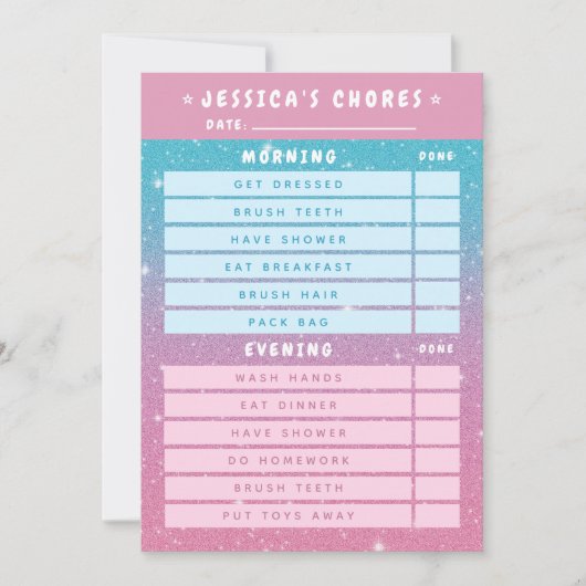 Cute Girly Pink Blue Glitter Kids Daily Chores Kaart (Voorkant)