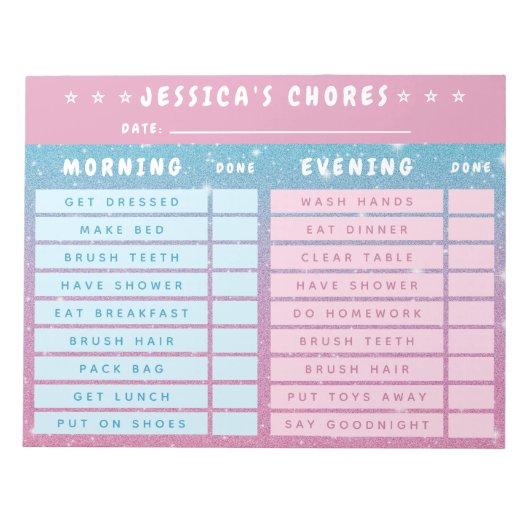 Cute Girly Pink Blue Glitter Kids Daily Chores Notitieblok (Voorkant)