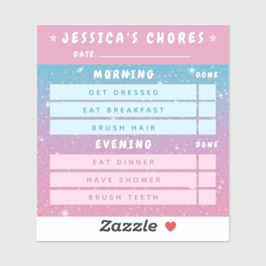 Cute Girly Pink Blue Glitter Kids Daily Chores Sticker (Vel)