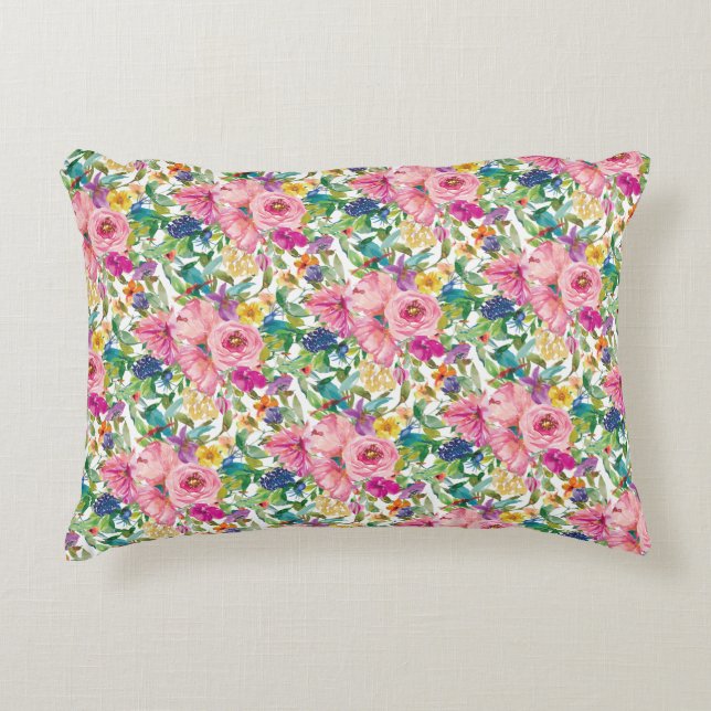 Cute Girly Pink Blue Yellow Waterverf Floral Accent Kussen (Voorkant)