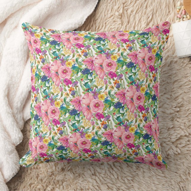 Cute Girly Pink Blue Yellow Waterverf Floral Kussen (Deken)