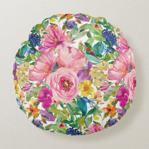 Cute Girly Pink Blue Yellow Waterverf Floral Rond Kussen