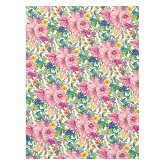Cute Girly Pink Blue Yellow Waterverf Floral Tafelkleed (Voorkant)