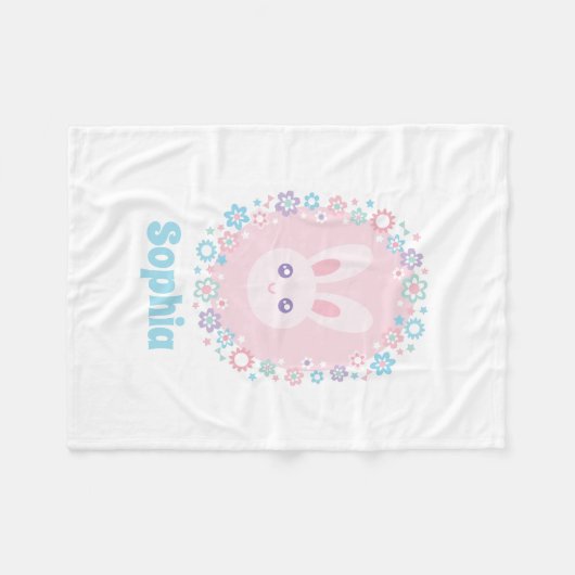 Cute Girly Pink Bunny Rabbit Floral Monogram Fleece Deken (Voorkant (Horizontaal))