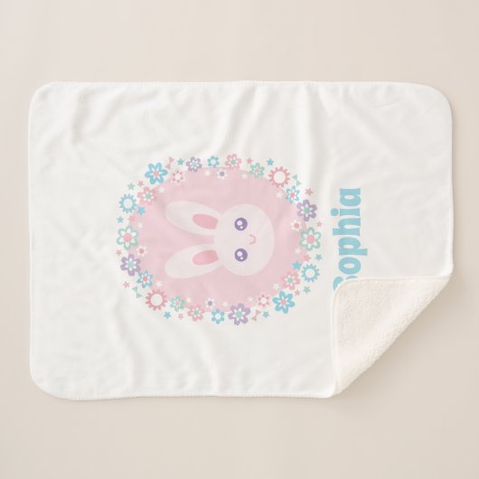 Cute Girly Pink Bunny Rabbit Floral Monogram Sherpa Deken (Voorkant (horizontaal))