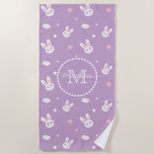 Cute Girly Pink Bunny Rabbit Pastel Name Monogram Strandlaken (Voorkant)