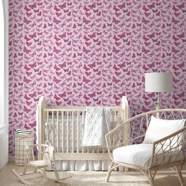 Cute Girly Pink Butterfly Pattern Behang (Kinderen)
