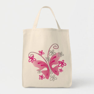 Cute Girly Pink Butterfly Silver Flowers Tote Bag