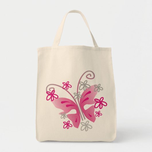 Cute Girly Pink Butterfly Silver Flowers Tote Bag (Voorkant)