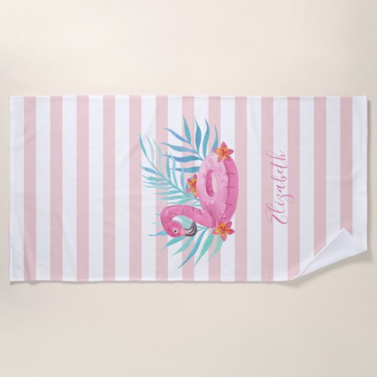 Cute Girly Pink Flamingo, Palm Leaves, Stripes Strandlaken (Voorkant)