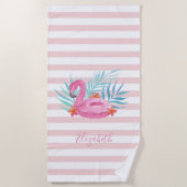 Cute Girly Pink Flamingo, Palm Leaves, Stripes Strandlaken (Voorkant)