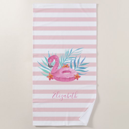 Cute Girly Pink Flamingo, Palm Leaves, Stripes Strandlaken (Voorkant)